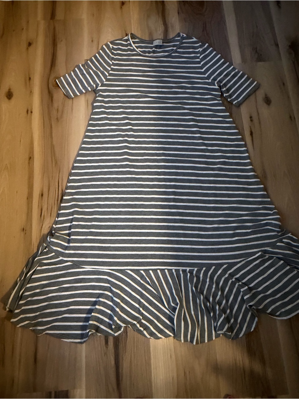 Luxe Gray and White Striped Ruffle-Hem Casual Dress
